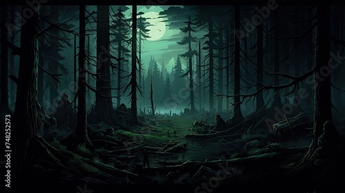 A dark and mysterious forest with a full moon shining through the trees. The forest is full of tall, dead trees and a thick underbrush.