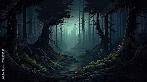 A dark and mysterious forest with a path leading into the distance.