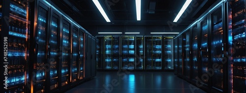 Modern Data Technology Center Server Racks in Dark Room with VFX, Visualization Concept of Internet of Things, Data Flow, Digitalization of Internet Traffic, Complex Electric Equipment Warehouse