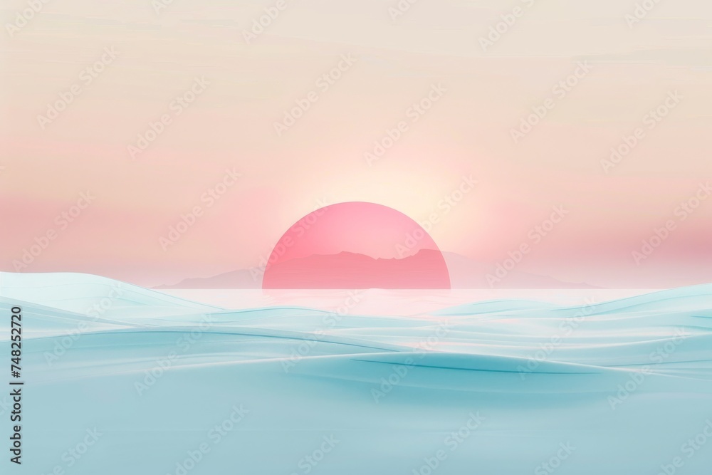 A calming digital art of sun rising behind mountains with pastel hues dominating the serene landscape