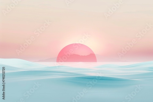 A calming digital art of sun rising behind mountains with pastel hues dominating the serene landscape