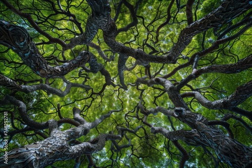 A mesmerizing view from below of complex tree branches entwining against a vibrant green leafy backdrop