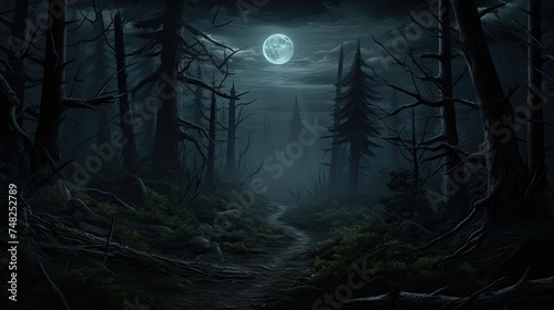 A dark and mysterious forest path at night. The full moon shines through the tall trees. The path is overgrown with weeds and fallen leaves.