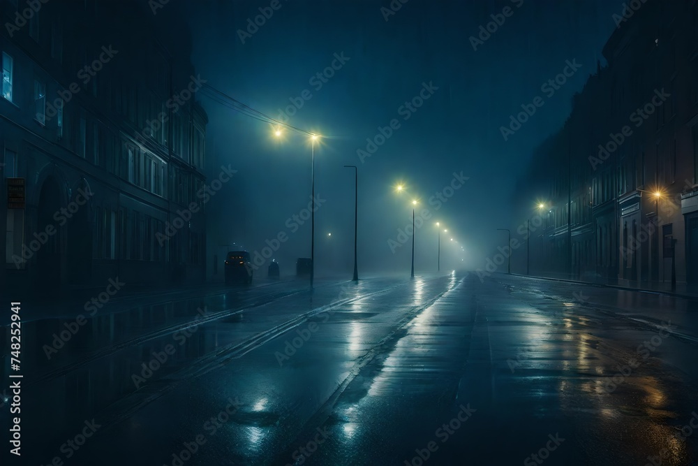 a city street at night, with a misty, cloudy sky and a crescent moon