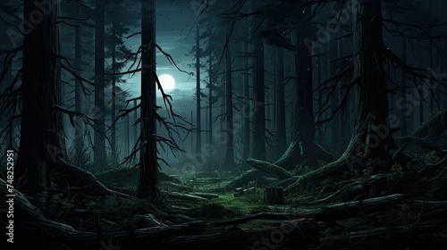 A dark and mysterious forest with a full moon shining through the trees. photo