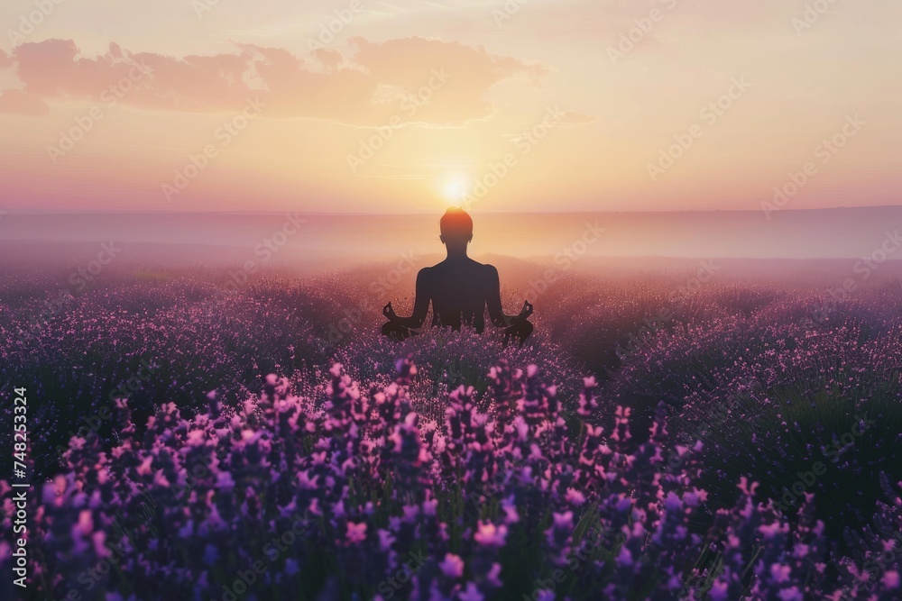 A tranquil scene with a silhouette meditating in a field of purple flowers during a serene sunset