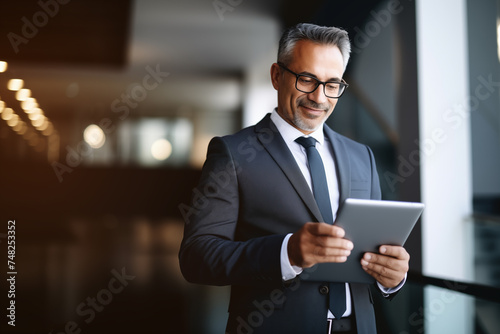 Successful businessman using tablet at office stands by the window. Male entrepreneur in modern office looking at tablet