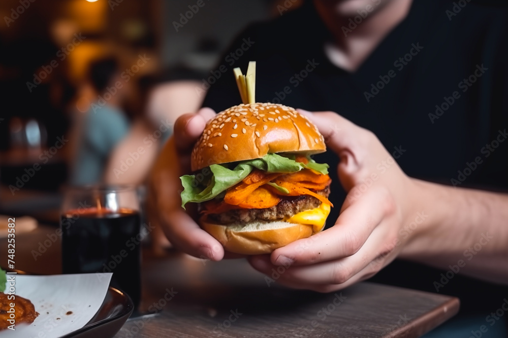 man holds burger with hands and sweet potato fries and dips on background in cafe