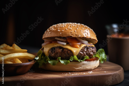 Hamburger and fried potatoes on a wooden table