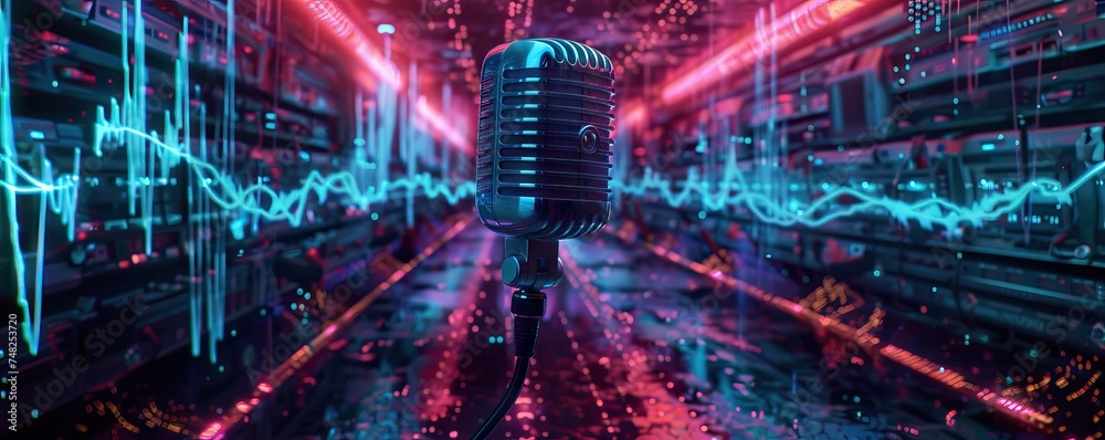 Microphone and radio wave on dark background, bokeh effect. Banner design. AI generated illustration - obrazy, fototapety, plakaty 