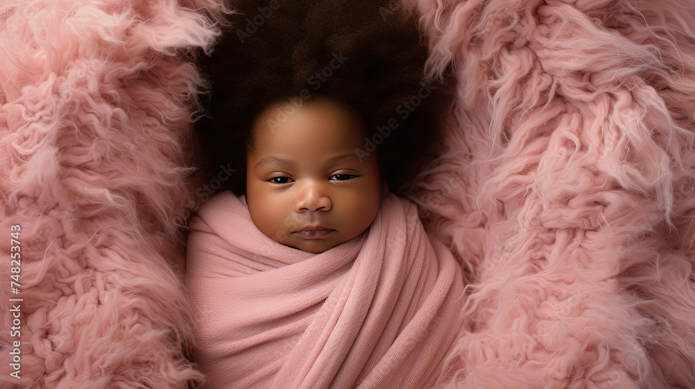 An African American newborn is wrapped in a pink towel and a fluffy blanket. Top view of a baby in a bed. An African American newborn is wrapped in a pink towel and a fluffy blanket. Top view of a baby in a bed.