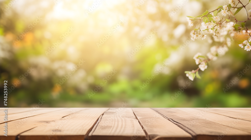 Spring background with white blossoms and sunbeams in front of a wooden table