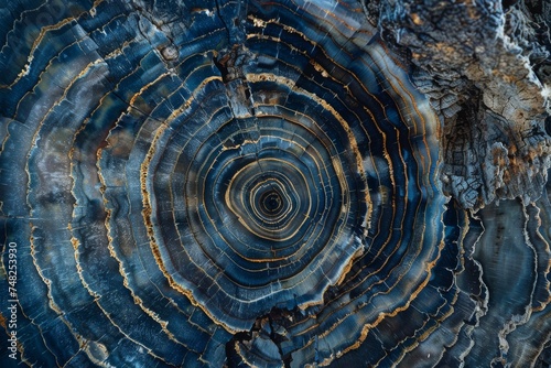Intricate details of tree rings presenting nature's chronology within a polished cross-section of a large tree stump Perfect representation of natural history and woodworking