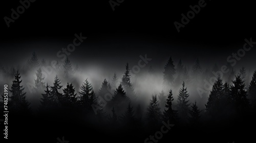 This is a royalty free image of a dark forest with a foggy atmosphere.