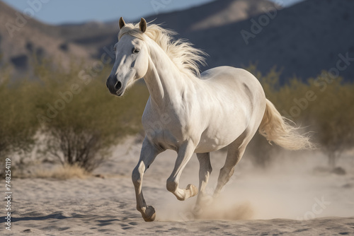 White horse run forward in dust in the desert © Steam visuals