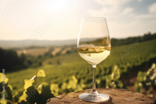 A fresh chilled glass of ice wine overlooking a vineyard during a Summer sunset