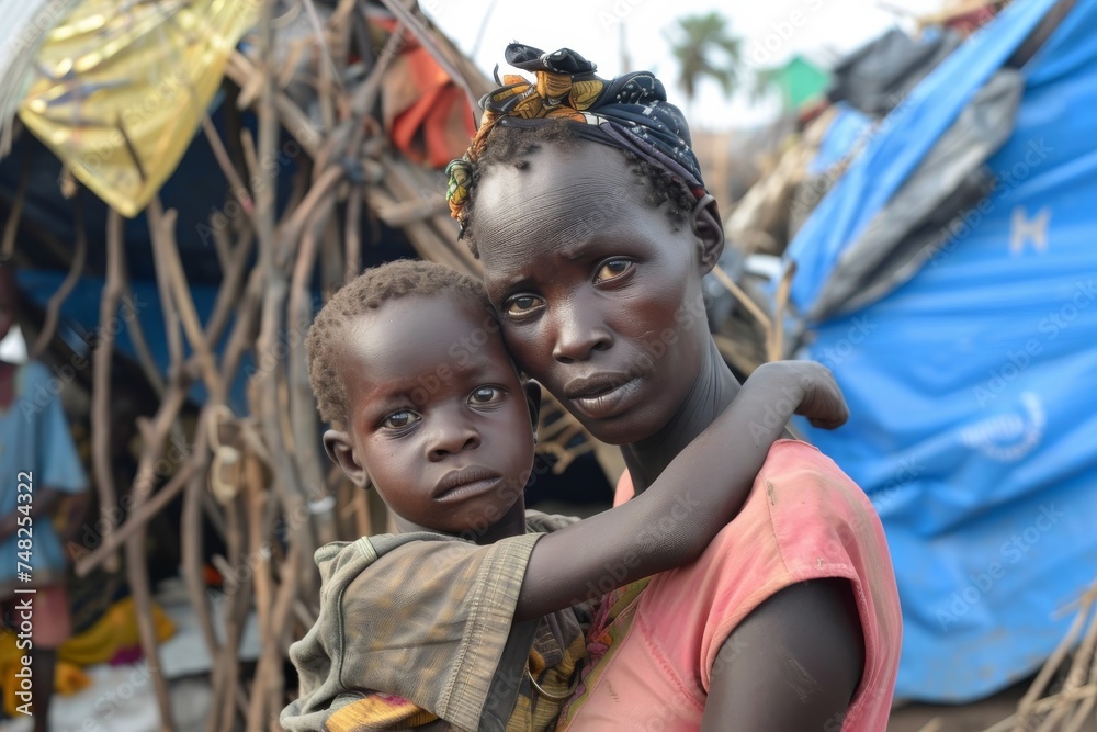 Obraz premium A proud yet weathered woman stands with her child in the middle of a makeshift village, showing resilience and strength