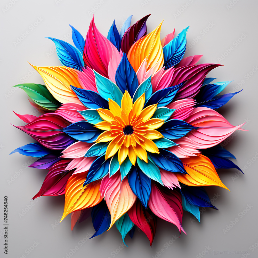 a colorful Feather Starflower. isolated on a white. mandala art