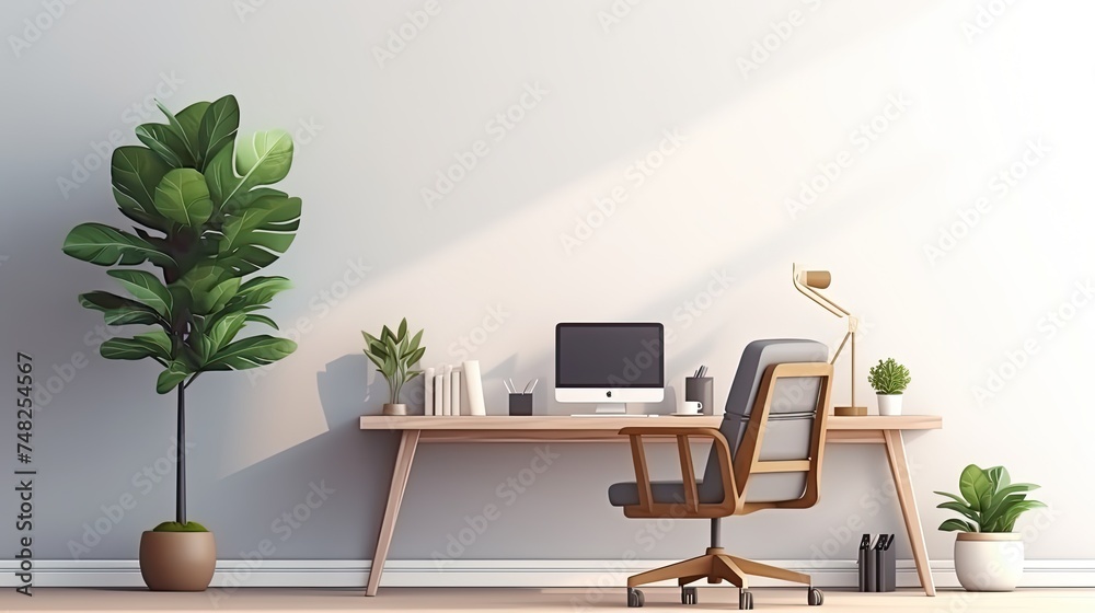 Fototapeta premium A modern home office with a large wooden desk, a comfortable leather chair, and a bright green plant.