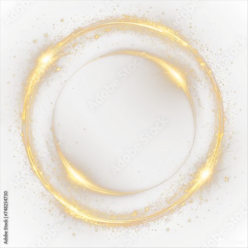 Gold light circle with sparkles, vector magic glow 3d effect. Realistic golden shiny ring or swirl, round frame of flare trail with glitter dust, golden fairy dust isolated on transparent background