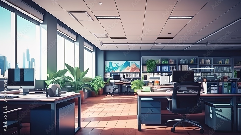 An inspiring office space with large windows, modern furniture, and lush plants.