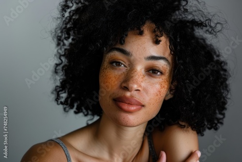 Close-up portrait of a beautiful young woman with curly hair and freckles  conveying natural beauty