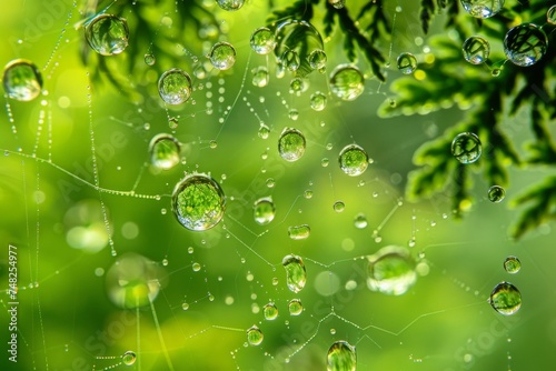 Close-up image capturing the intricate beauty of dewdrops sparkling on a delicate spider web among vibrant green foliage