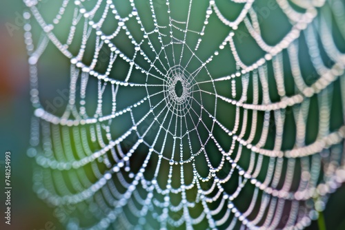 A close-up of a spider web glistening with dew drops in a natural environment, detailed and delicate