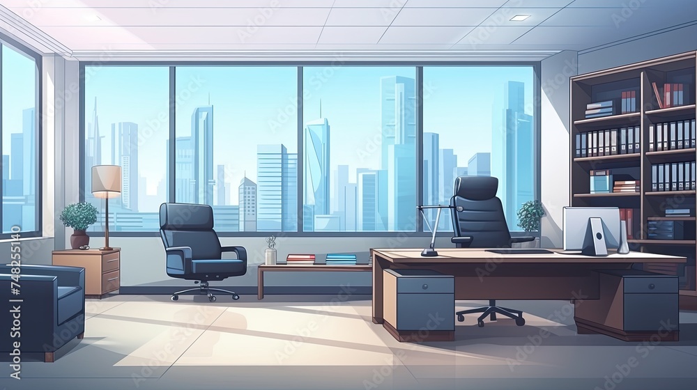 A modern office with a large window looking out over the city.