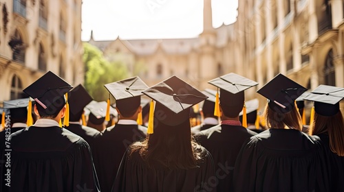 A group of students wearing black gowns and caps are walking down a street.