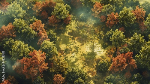 an isometric satellite image of an autumn forest glen, watercolor mist and dappled sunlight style © Zahid