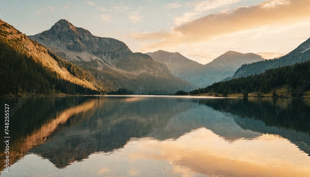 Mountain Majesty: Witness the Tranquil Beauty of a High Altitude Lake, Awash in the Gentle Glow of Dawn's First Light, Creating a Symphony of Reflection and Harmony. Generative AI