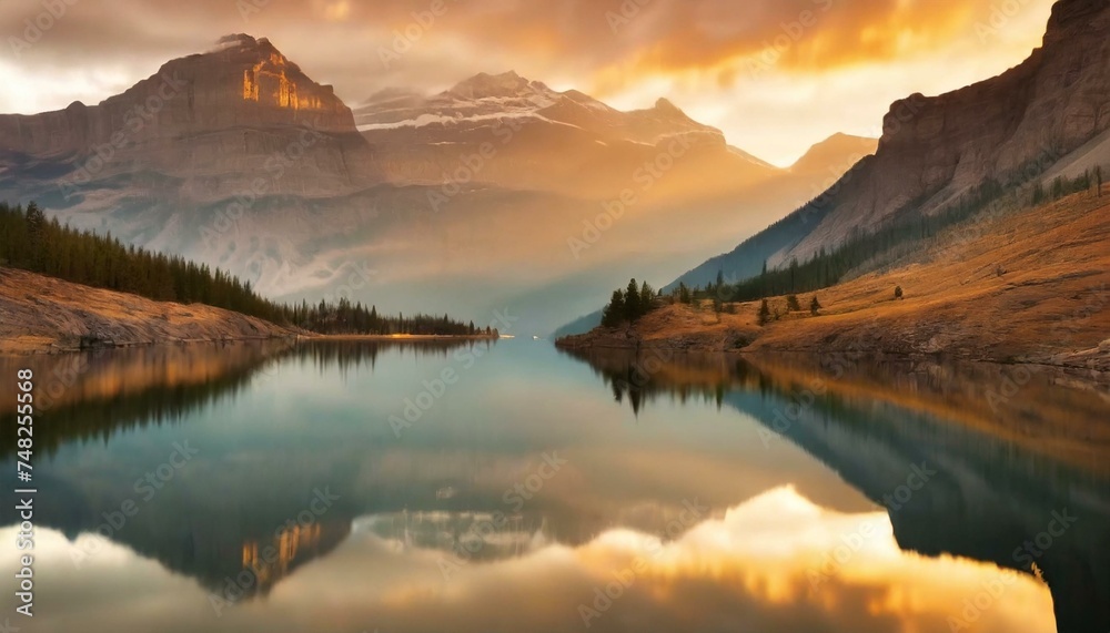 Ethereal Dawn: Capturing the Serenity of a Mountain Lake at First Light, Where Tranquil Beauty Meets the Symphony of Colors in a Mirror-Like Reflection. Generative AI.