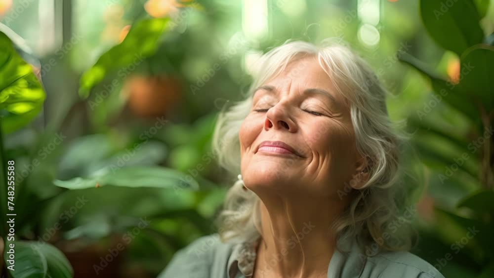 A serene image of a senior woman engaging in a guided breathing exercise her surroundings a tranquil indoor sanctuary filled with verdant plants. A serene image of a senior woman engaging in a guided breathing exercise her surroundings a tranquil indoor sanctuary filled with verdant plants.