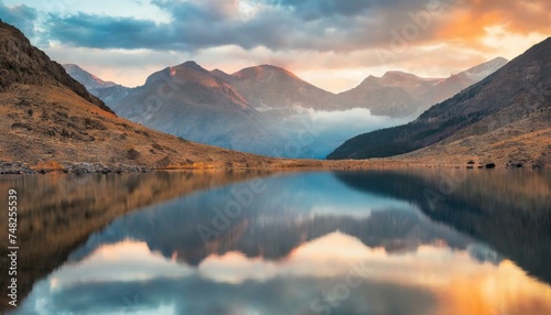 Ethereal Dawn: Capturing the Serenity of a Mountain Lake at First Light, Where Tranquil Beauty Meets the Symphony of Colors in a Mirror-Like Reflection. Generative AI.