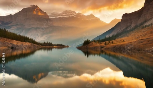 Ethereal Dawn  Capturing the Serenity of a Mountain Lake at First Light  Where Tranquil Beauty Meets the Symphony of Colors in a Mirror-Like Reflection. Generative AI.