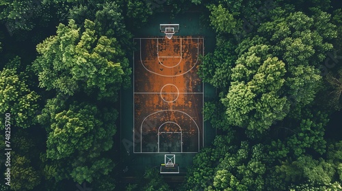 basketball landscape, surrounded by tall trees, top view