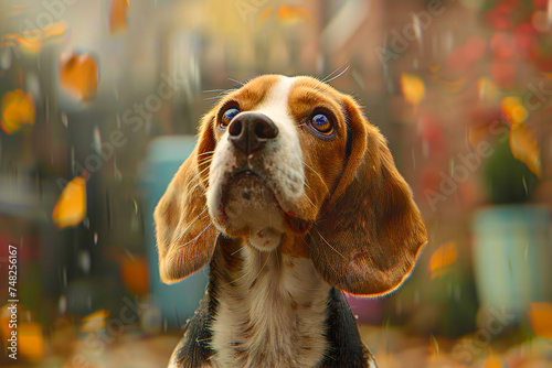 A charming beagle with a tricolor coat and floppy ears looking up with curiosity. photo