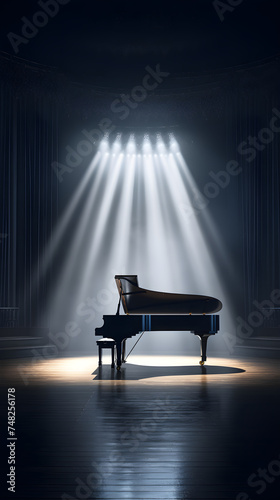 Grand Piano Spotlighted on Concert Hall Stage Awaiting Acoustic Performance.