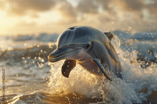 A clever dolphin with a gray skin and a friendly smile jumping out of the water in the ocean.