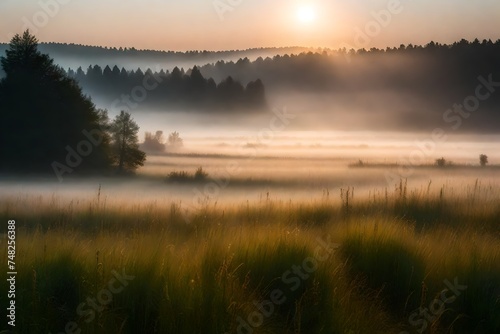 a mist-covered meadow at dawn. T