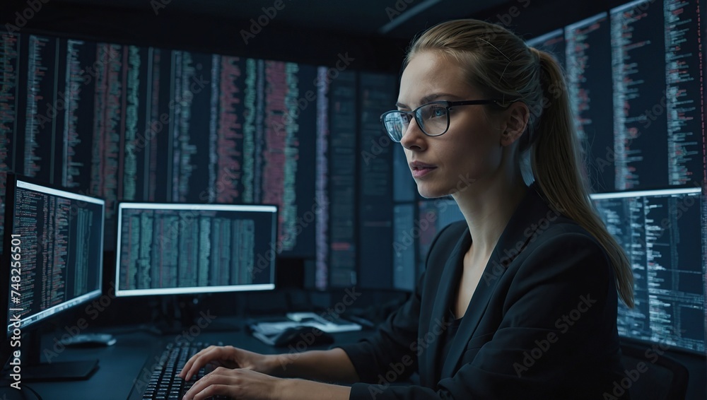 A female Working on Computer, Typing Lines of Code that Appear on Big Screens Surrounding him in Monitoring Room, Male Programmer Creating Innovative Software Using AI Data and System A female Working on Computer, Typing Lines of Code that Appear on Big Screens Surrounding him in Monitoring Room, Male Programmer Creating Innovative Software Using AI Data and System