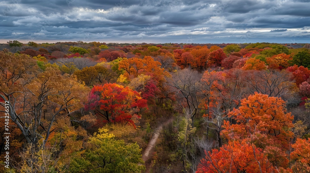 A drone shot overlooking a forested area with trees whose leaves are red, orange and a little green.
