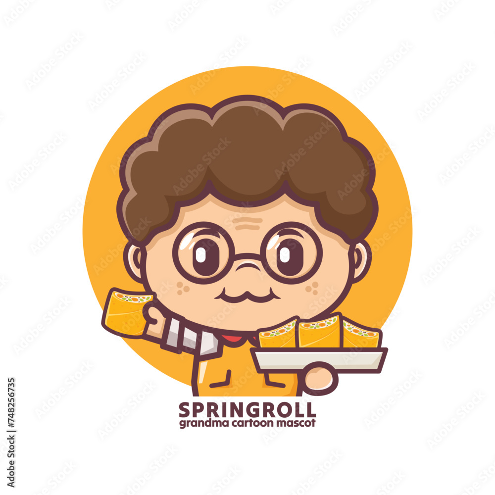 cute grandma with spring roll, chef mascot cartoon cute grandma with spring roll, chef mascot cartoon
