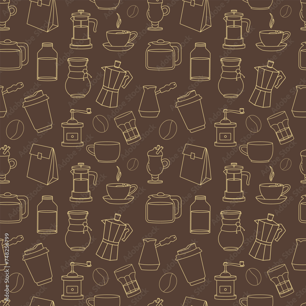 Outline coffee icon seamless pattern on brown background