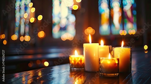 Candles burning in a church background. AI generated illustration
