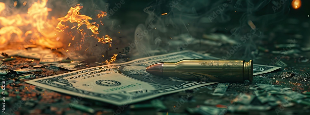 Illegal selling, criminal money concept, US dollars and bullet for a gun, 9mm pistol cartridges on a background. AI generated illustration - obrazy, fototapety, plakaty 