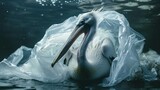 pelican bird trapped in plastic bag; concept of saving the ocean