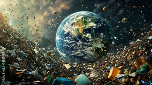 Concept of global pollution. Many types of debris in Earth's orbit as seen from space. photo