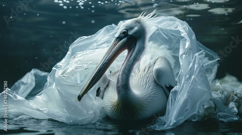 pelican bird trapped in plastic bag; concept of saving the ocean photo